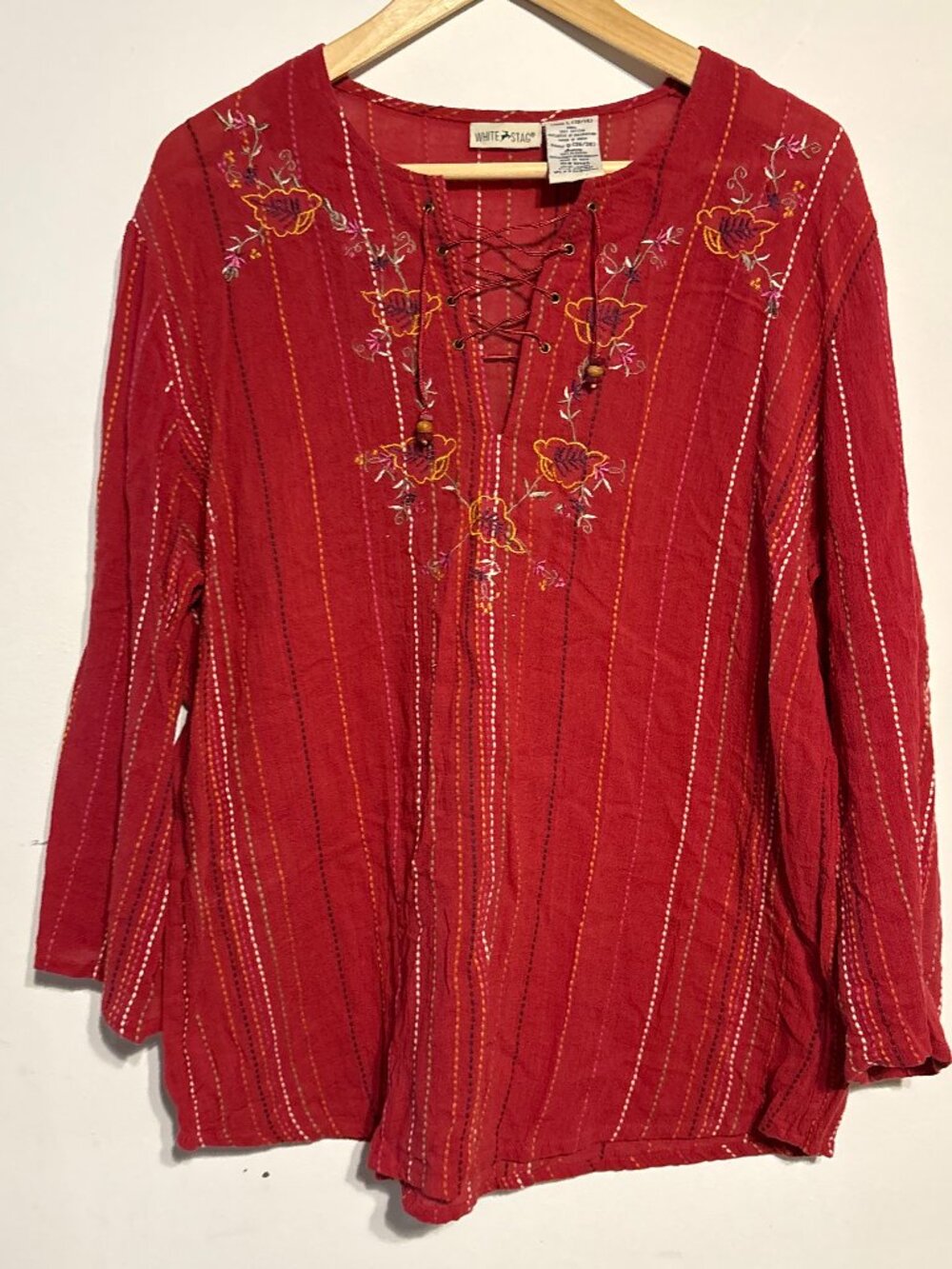 White Stag Vintage 90’s Boho Peasant Shirt Cotton 3/4 Sleeve - Large